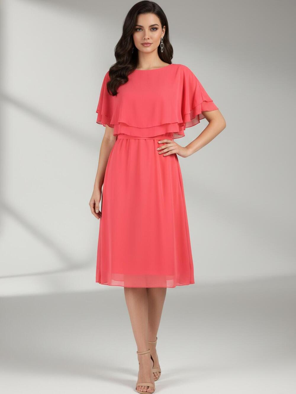 Tahari‎ Coral Midi Dress with Layered Cape Sleeve SZ 10